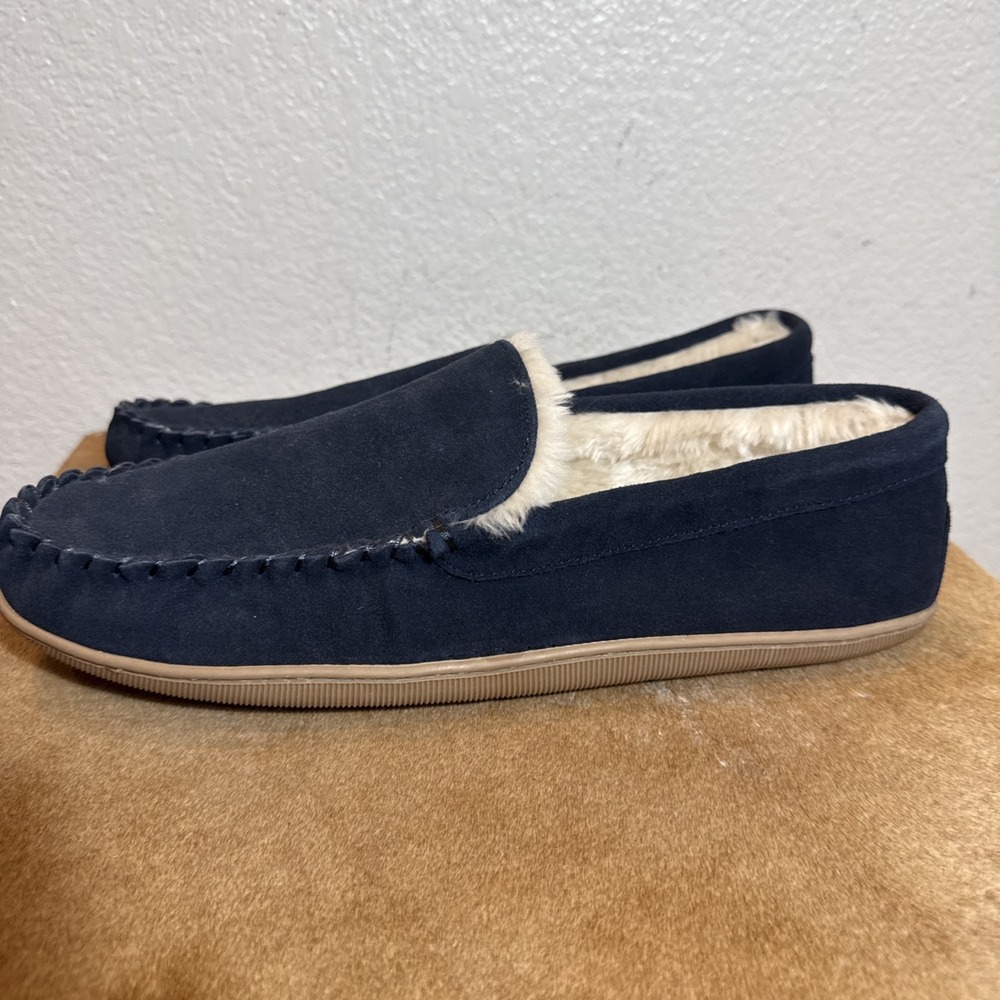 J.Crew Mens Moccasin Slippers Size 12 Navy Blue Faux Fur Lined Comfort Shoes